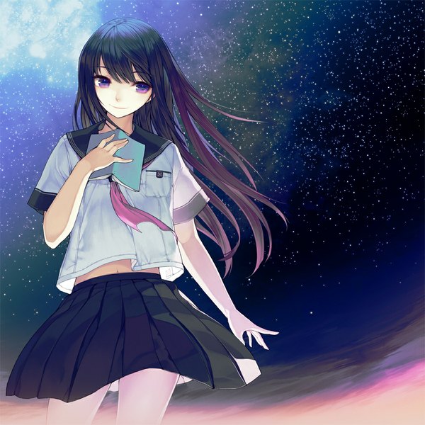 Anime picture 1000x1000 with original kimura daisuke single long hair fringe smile standing purple eyes holding looking away sky purple hair cloud (clouds) light smile wind night from below space weightlessness girl