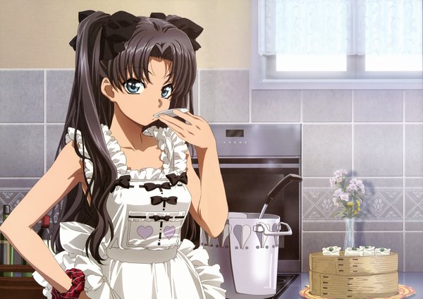 Anime picture 6601x4665 with fate (series) fate/stay night studio deen type-moon toosaka rin nakajima atsuko single long hair looking at viewer highres blue eyes black hair twintails absurdres scan hand on hip wrist scrunchie cooking girl flower (flowers)
