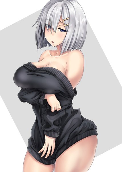 Anime picture 857x1200 with kantai collection hamakaze destroyer kinntarou single tall image looking at viewer blush fringe short hair breasts blue eyes light erotic simple background hair between eyes bare shoulders cleavage silver hair parted lips fingernails arm support