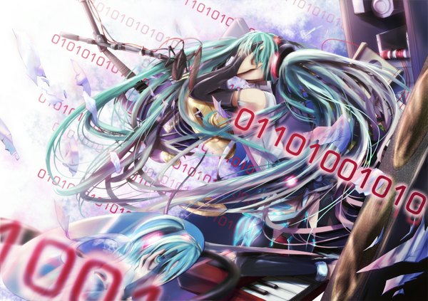 Anime picture 1773x1252 with vocaloid vocaloid append hatsune miku hatsune miku (append) 23ichiya single highres twintails very long hair aqua hair reflection binary girl gloves elbow gloves microphone musical instrument microphone stand partly fingerless gloves keyboard (instrument)