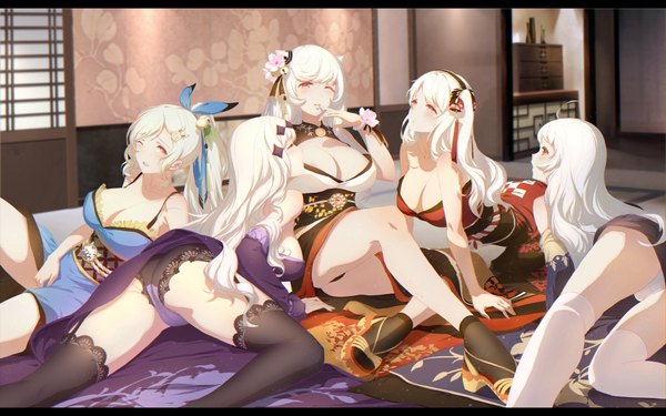 Anime picture 1920x1200 with kantai collection aircraft carrier hime midway hime aircraft carrier water oni armored aircraft carrier hime yijian ma long hair blush highres breasts light erotic red eyes multiple girls cleavage white hair ponytail one eye closed hair flower wink letterboxed