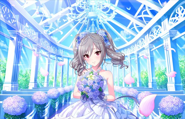 Anime picture 2560x1648 with idolmaster idolmaster cinderella girls idolmaster cinderella girls starlight stage kanzaki ranko single long hair looking at viewer blush fringe highres smile hair between eyes red eyes twintails bare shoulders holding sky hair flower grey hair official art