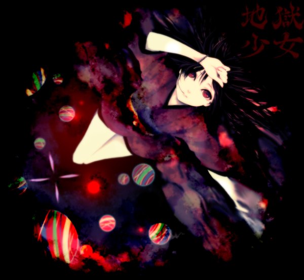 Anime picture 1600x1475 with hell girl studio deen enma ai saki (931533) single long hair looking at viewer fringe black hair red eyes lying traditional clothes japanese clothes floral print girl bracelet kimono ball