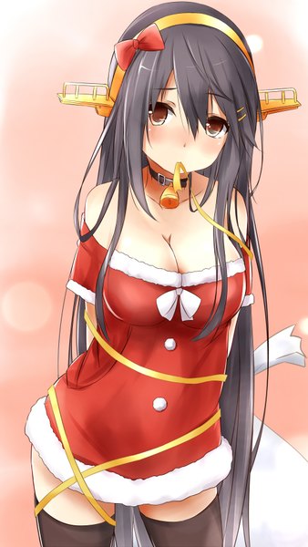 Anime picture 2000x3548 with kantai collection haruna battleship saku (kudrove) single long hair tall image looking at viewer blush highres breasts light erotic black hair hair between eyes large breasts standing bare shoulders yellow eyes embarrassed fur trim girl