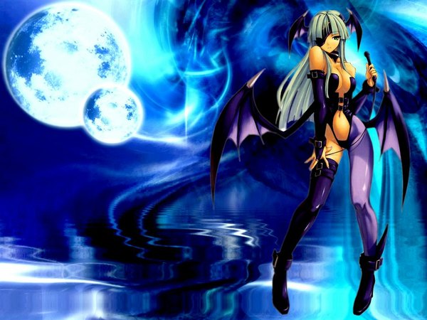 Anime picture 1024x768 with vampire / darkstalkers (game) morrigan aensland light erotic jpeg artifacts wings moon stalkers