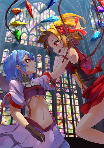 Anime picture 707x1000 with touhou flandre scarlet remilia scarlet yoo (tabi no shiori) tall image short hair open mouth blue eyes blonde hair red eyes multiple girls ponytail indoors teeth bare belly fang (fangs) tattoo side ponytail siblings sisters