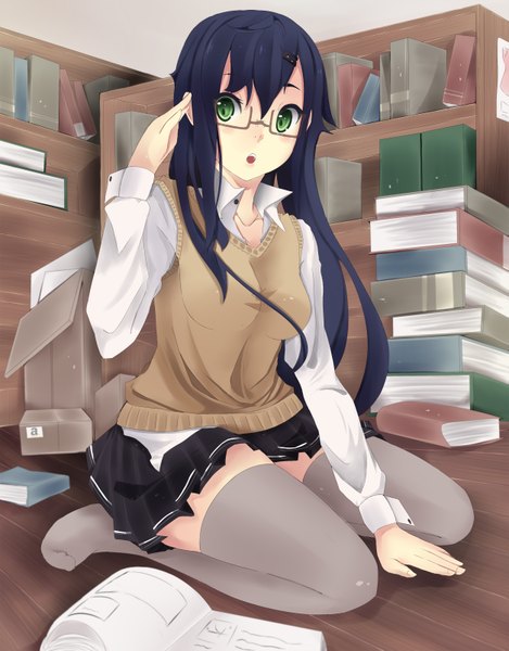Anime picture 2505x3200 with grisaia no kajitsu sakaki yumiko xunq single long hair tall image looking at viewer blush fringe highres open mouth sitting green eyes blue hair pleated skirt open clothes open shirt no shoes kneeling girl