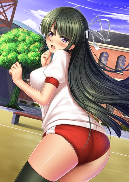 Anime picture 620x876 with kantai collection hiyou light aircraft carrier shibata rai single long hair tall image blush breasts open mouth light erotic large breasts sky cloud (clouds) pink eyes looking back green hair embarrassed girl thighhighs uniform