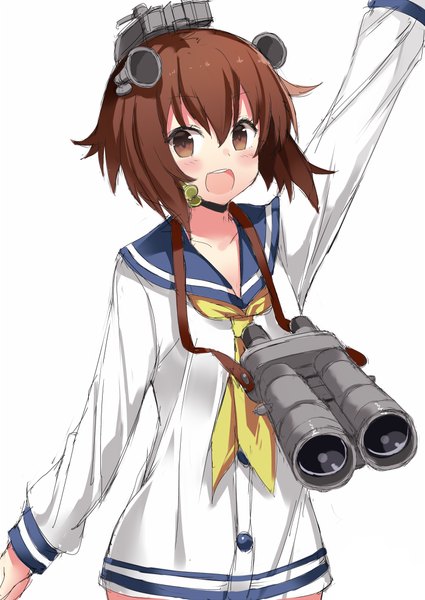 Anime picture 708x1000 with kantai collection yukikaze destroyer kuhotaka single tall image looking at viewer blush short hair open mouth simple background brown hair white background brown eyes :d outstretched arm girl sailor suit binoculars