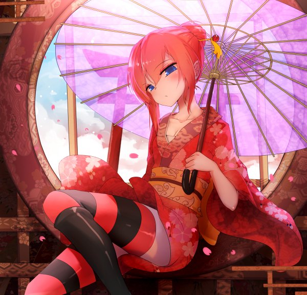 Anime picture 1200x1152 with gintama sunrise (studio) kagura (gintama) qys3 single looking at viewer blush fringe short hair blue eyes sitting holding pink hair traditional clothes japanese clothes wide sleeves hair bun (hair buns) floral print revision transparent umbrella
