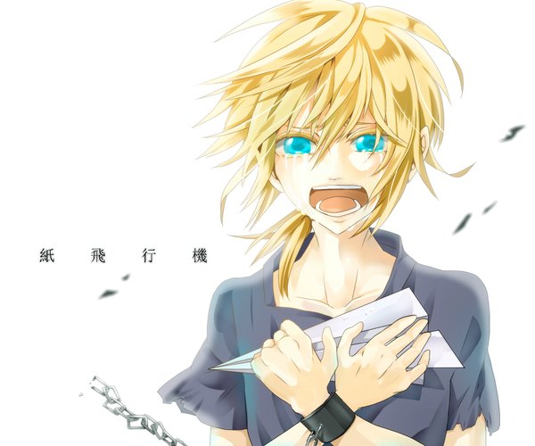 Anime picture 1800x1500 with vocaloid kagamine len kulutaro single long hair looking at viewer fringe highres open mouth blonde hair simple background hair between eyes white background aqua eyes wind tears text torn clothes crossed arms crying