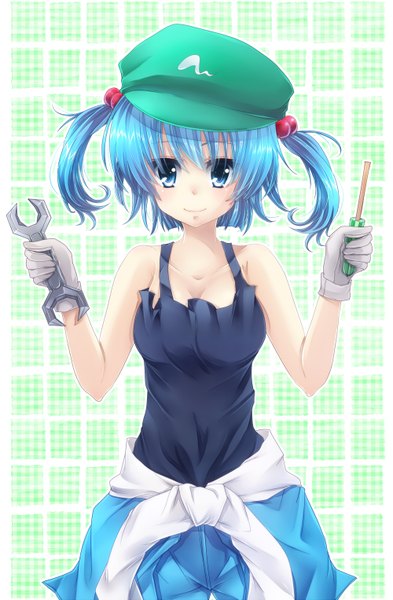 Anime picture 1000x1525 with touhou kawashiro nitori nakayama shumo single tall image looking at viewer short hair blue eyes twintails blue hair short twintails girl flat cap