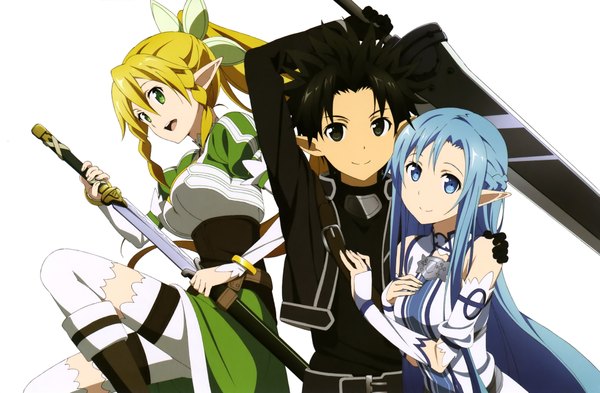 Anime picture 4074x2674 with sword art online a-1 pictures yuuki asuna kirigaya kazuto leafa asuna (sao-alo) nakamura naoto long hair looking at viewer highres short hair open mouth blue eyes black hair simple background blonde hair smile white background multiple girls green eyes