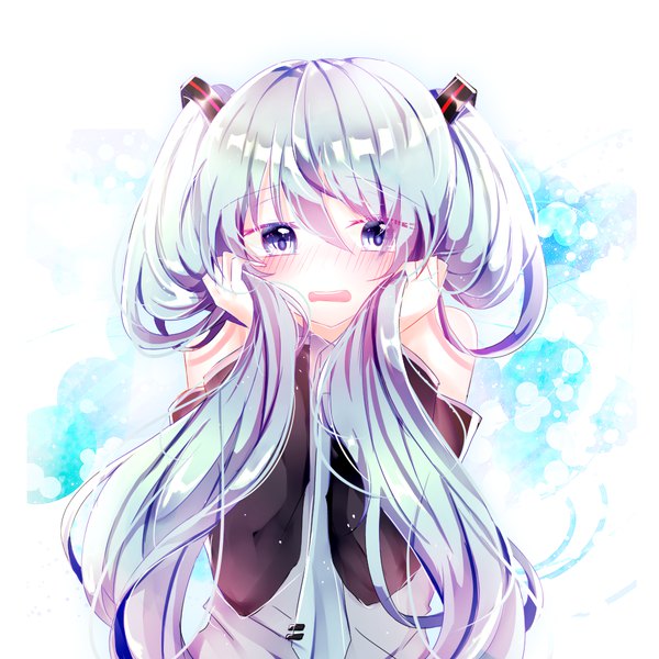Anime picture 1000x1000 with vocaloid hatsune miku seno (senohime) single long hair looking at viewer blush fringe open mouth hair between eyes twintails upper body aqua eyes aqua hair holding hair girl detached sleeves necktie