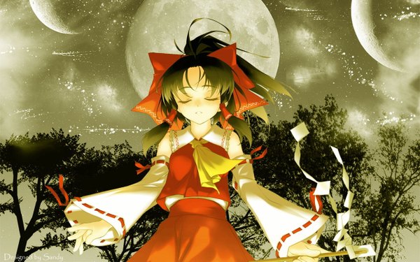 Anime picture 1280x800 with touhou hakurei reimu sandy (artist) single long hair wide image signed eyes closed traditional clothes wallpaper half updo miko third-party edit girl skirt bow plant (plants) hair bow detached sleeves tree (trees)