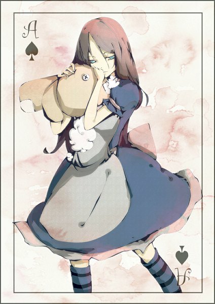 Anime picture 800x1131 with american mcgee's alice (game) alice: madness returns alice (american mcgee's) tako single long hair tall image fringe blue eyes brown hair standing holding looking down girl dress socks apron toy knee socks card (cards)