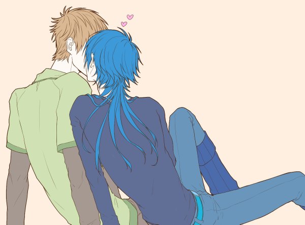 Anime picture 1200x889 with dramatical murder nitro+chiral aoba (dmmd) noiz (dmmd) kuwa ayase long hair short hair simple background brown hair sitting blue hair from behind arm support multiple boys couple back kiss shounen ai boy heart