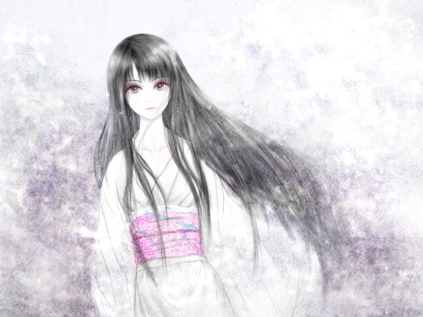 Anime picture 1600x1200 with original kota (pixiv) single looking at viewer fringe black hair red eyes very long hair traditional clothes japanese clothes snowing winter snow pale skin eyeshadow girl obi yukata