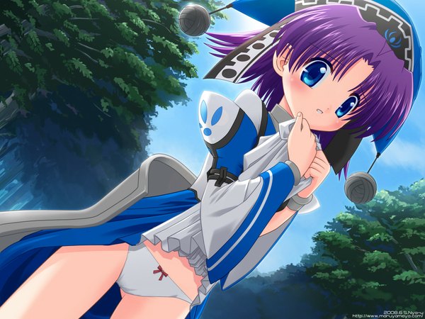 Anime picture 1024x768 with phantasy star online short hair light erotic purple hair skirt lift skirt underwear panties hat nya maru fomarl