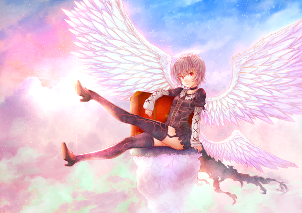 Anime picture 2618x1851 with original puma (hyuma1219) single looking at viewer fringe highres short hair red eyes sitting sky silver hair cloud (clouds) sunlight leg lift (legs lift) angel wings white wings multiple wings girl thighhighs black thighhighs