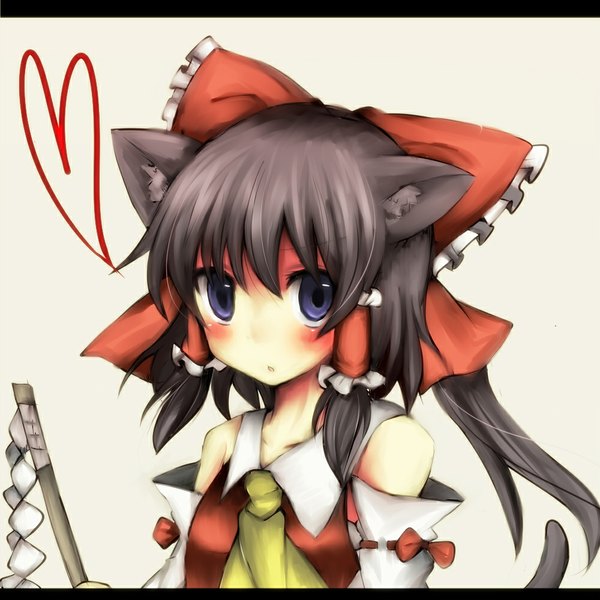 Anime picture 1000x1000 with touhou hakurei reimu pasutel single long hair looking at viewer blue eyes black hair animal ears cat ears cat girl cat tail girl bow hair bow detached sleeves gohei