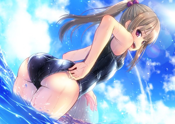 Anime picture 1200x850 with original amamiya minato single long hair blush open mouth light erotic red eyes brown hair twintails cloud (clouds) girl swimsuit
