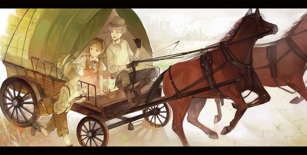 Anime picture 1800x911 with original nineo highres short hair blonde hair wide image orange eyes girl boy gloves plant (plants) hat bag horse letter whip cart