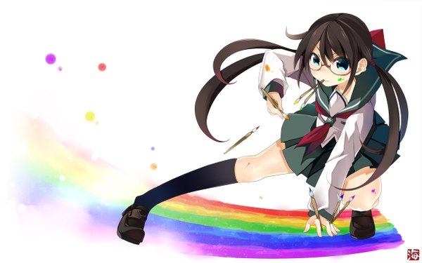 Anime picture 1218x762 with original kaisanbutsu single long hair looking at viewer blue eyes black hair wide image twintails mouth hold girl socks glasses serafuku shoes black socks paintbrush rainbow calligraphy brush