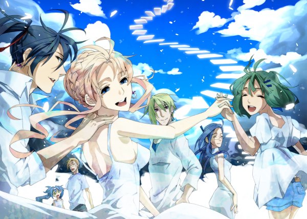 Anime picture 1200x858 with macross macross frontier sheryl nome ranka lee saotome alto klan klang brera sterne mikhail buran grace o'connor hanazawa long hair looking at viewer short hair open mouth blue eyes black hair blonde hair smile standing bare shoulders