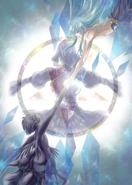 Anime picture 1075x1512 with d.gray-man kanda yuu alma karma nuruhaschi (honki) long hair tall image fringe short hair blue eyes blue hair profile aqua eyes from behind aqua hair multiple boys holding hands light spread arms scar pale skin