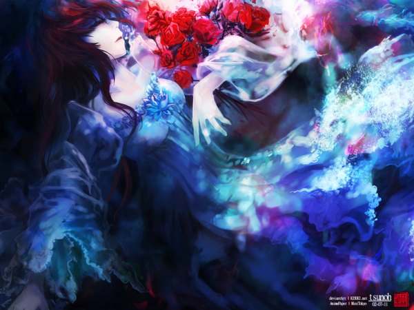 Anime picture 1600x1200 with original shigemitsubaki long hair red hair eyes closed pale skin girl dress flower (flowers) rose (roses) splashes jellyfish