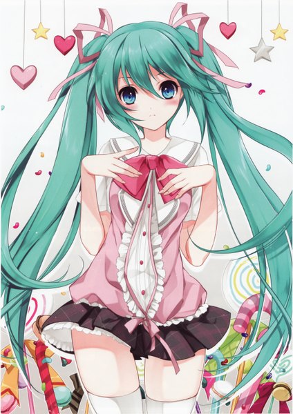 Anime picture 1999x2827 with vocaloid hatsune miku juna single tall image looking at viewer blush fringe highres blue eyes hair between eyes twintails very long hair aqua hair girl thighhighs skirt ribbon (ribbons) hair ribbon miniskirt