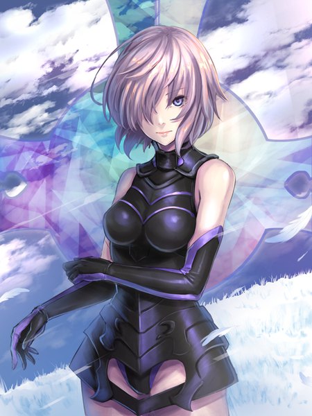 Anime picture 1000x1333 with fate (series) fate/grand order mash kyrielight re (re 09) single tall image looking at viewer fringe short hair light erotic purple eyes bare shoulders pink hair sky cloud (clouds) hair over one eye girl gloves elbow gloves armor