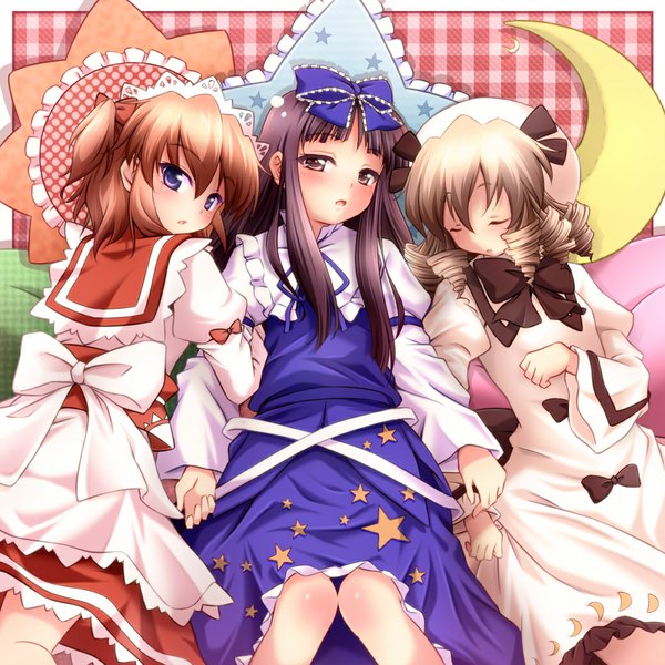 Anime picture 1000x1000 with touhou star sapphire luna child sunny milk sui. (ayase) long hair short hair black hair brown hair purple eyes multiple girls brown eyes eyes closed drill hair girl dress bow hair bow bowtie 3 girls