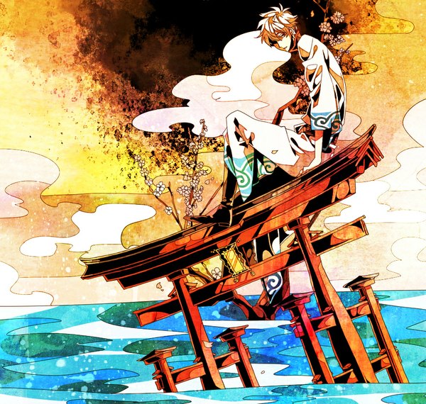 Anime picture 1000x950 with gintama sunrise (studio) sakata gintoki chiba single short hair sitting sky cloud (clouds) white hair cherry blossoms boy flower (flowers) water branch torii