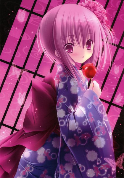 Anime picture 2458x3516 with ro-kyu-bu! project no.9 minato tomoka tinker bell single tall image blush highres short hair purple eyes purple hair traditional clothes japanese clothes hair flower scan official art loli one side up girl hair ornament