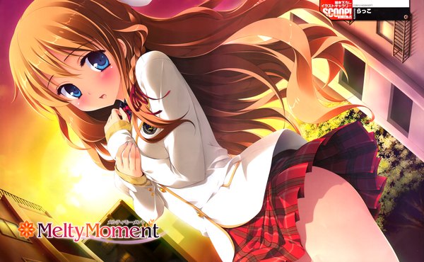 Anime picture 6550x4042 with melty moment dengeki hime orie yuuka rakko long hair looking at viewer blush highres blue eyes brown hair wide image absurdres pleated skirt wind official art evening sunset girl skirt uniform