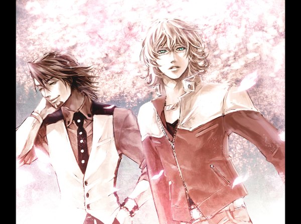 Anime picture 1340x1000 with tiger & bunny sunrise (studio) kaburagi t. kotetsu barnaby brooks jr. mochinu short hair blonde hair brown hair green eyes yellow eyes cherry blossoms boy petals glasses necktie bracelet pendant vest beard