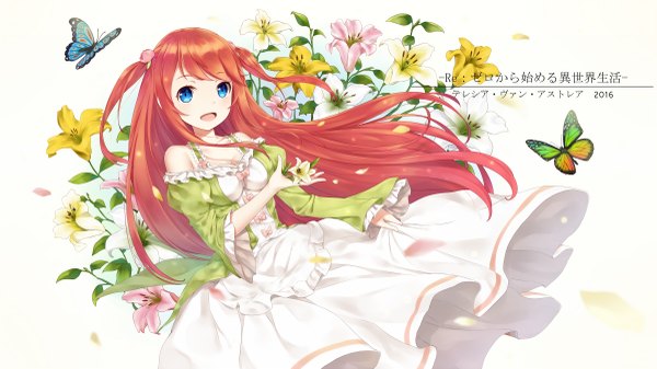 Anime picture 2400x1350 with re:zero kara hajimeru isekai seikatsu white fox theresia van astrea neps-l single long hair looking at viewer highres open mouth blue eyes wide image red hair two side up girl dress flower (flowers) petals insect butterfly