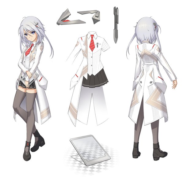 Anime picture 1138x1100 with original pinakes single long hair looking at viewer simple background white background purple eyes silver hair girl thighhighs skirt black thighhighs miniskirt shirt necktie