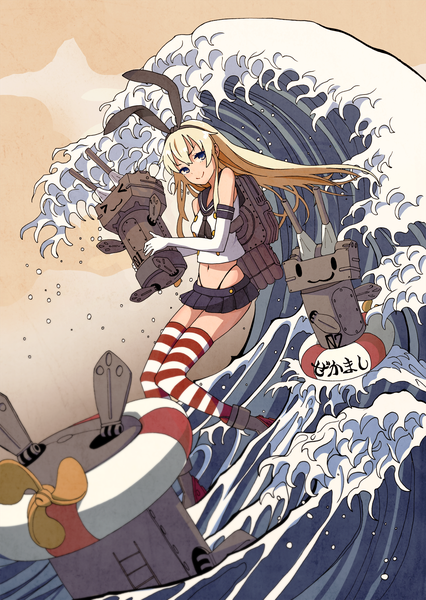 Anime picture 1453x2044 with kantai collection kanagawa okinami ura shimakaze destroyer rensouhou-chan kazufumi (kaz-newt) single long hair tall image looking at viewer blue eyes blonde hair smile fine art parody girl thighhighs skirt gloves bow hair bow miniskirt