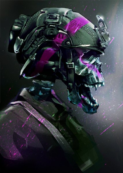 Anime picture 600x845 with tagme (copyright) so-bin single tall image open mouth simple background profile fang (fangs) portrait skeleton uniform armor helmet