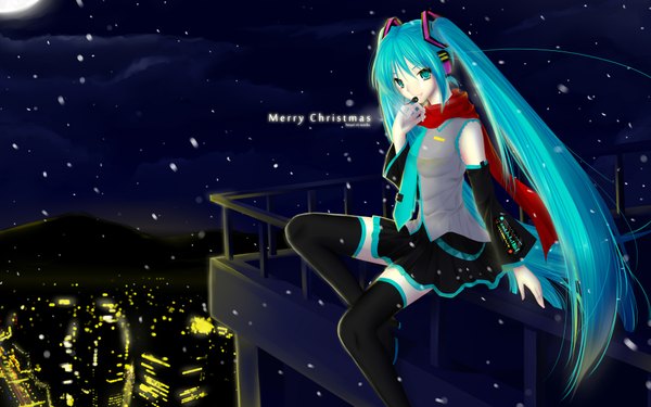 Anime picture 1920x1200 with vocaloid hatsune miku single looking at viewer highres smile wide image sitting twintails cloud (clouds) very long hair aqua eyes aqua hair night zettai ryouiki night sky city snowing city lights girl