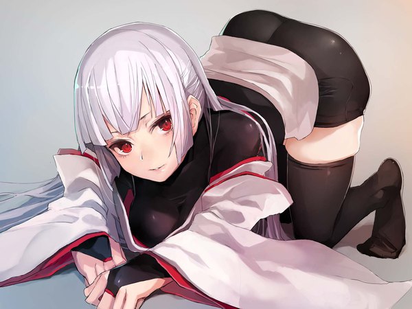 Anime picture 1700x1275 with original tsuru-chan taishi (picchiridou) single long hair looking at viewer fringe breasts light erotic red eyes silver hair wide sleeves no shoes zettai ryouiki thighs girl thighhighs black thighhighs