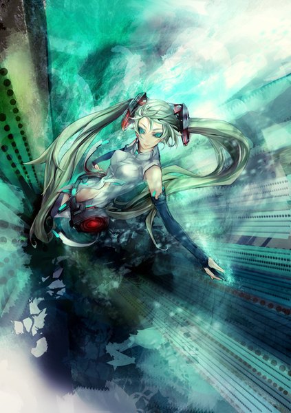 Anime picture 1200x1703 with vocaloid vocaloid append hatsune miku hatsune miku (append) ying (artist) single long hair tall image smile twintails bare shoulders nail polish aqua eyes aqua hair girl gloves necktie elbow gloves fingerless gloves