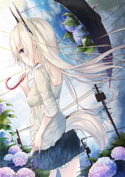 Anime picture 1754x2480 with original la-na single tall image fringe highres blue eyes blonde hair standing animal ears tail animal tail looking back light smile from behind fox ears back fox tail fox girl rain