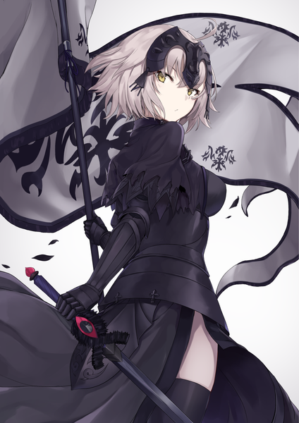 Anime picture 1414x2000 with fate (series) fate/grand order jeanne d'arc (fate) (all) jeanne d'arc alter (fate) monobe tsukuri single tall image looking at viewer fringe short hair simple background hair between eyes yellow eyes ahoge looking back grey hair girl thighhighs weapon black thighhighs