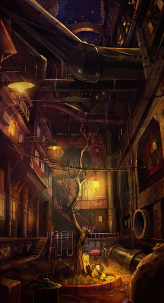 Anime picture 1890x3475 with gravity daze kat (gravity daze) long hair tall image highres blonde hair sitting bare shoulders night official art graffiti plant (plants) tree (trees) hairband ground vehicle stairs wire (wires) lamp bridge lamppost