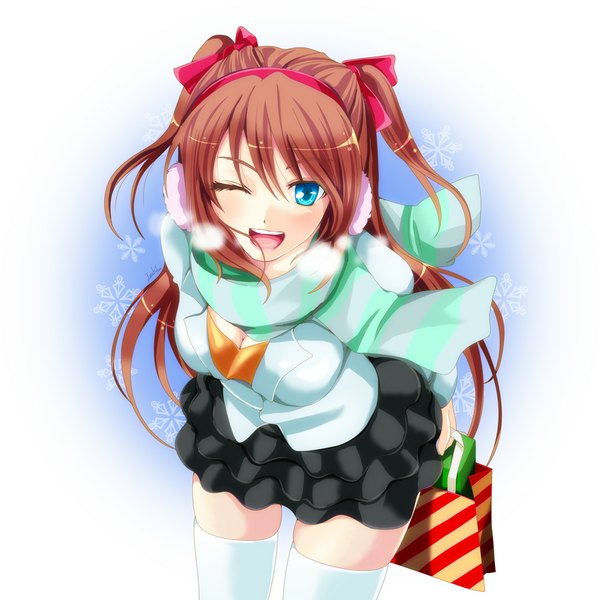 Anime picture 1000x1000 with original ivuki single long hair looking at viewer blush open mouth blue eyes simple background brown hair one eye closed wink winter exhalation girl thighhighs ribbon (ribbons) hair ribbon white thighhighs scarf