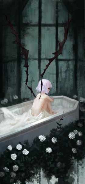 Anime picture 1240x2658 with touhou remilia scarlet tuzki single tall image fringe short hair light erotic sitting purple hair bent knee (knees) indoors looking back nude back bare back girl flower (flowers) plant (plants) wings